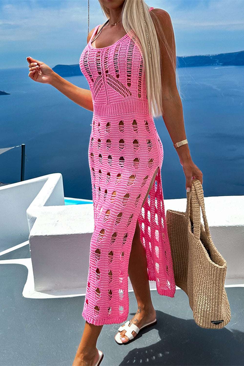 Openwork Slit Scoop Neck Sleeveless Cover Up - Stylish and Trendy Women's Fashion from Chic Yana's Fashion