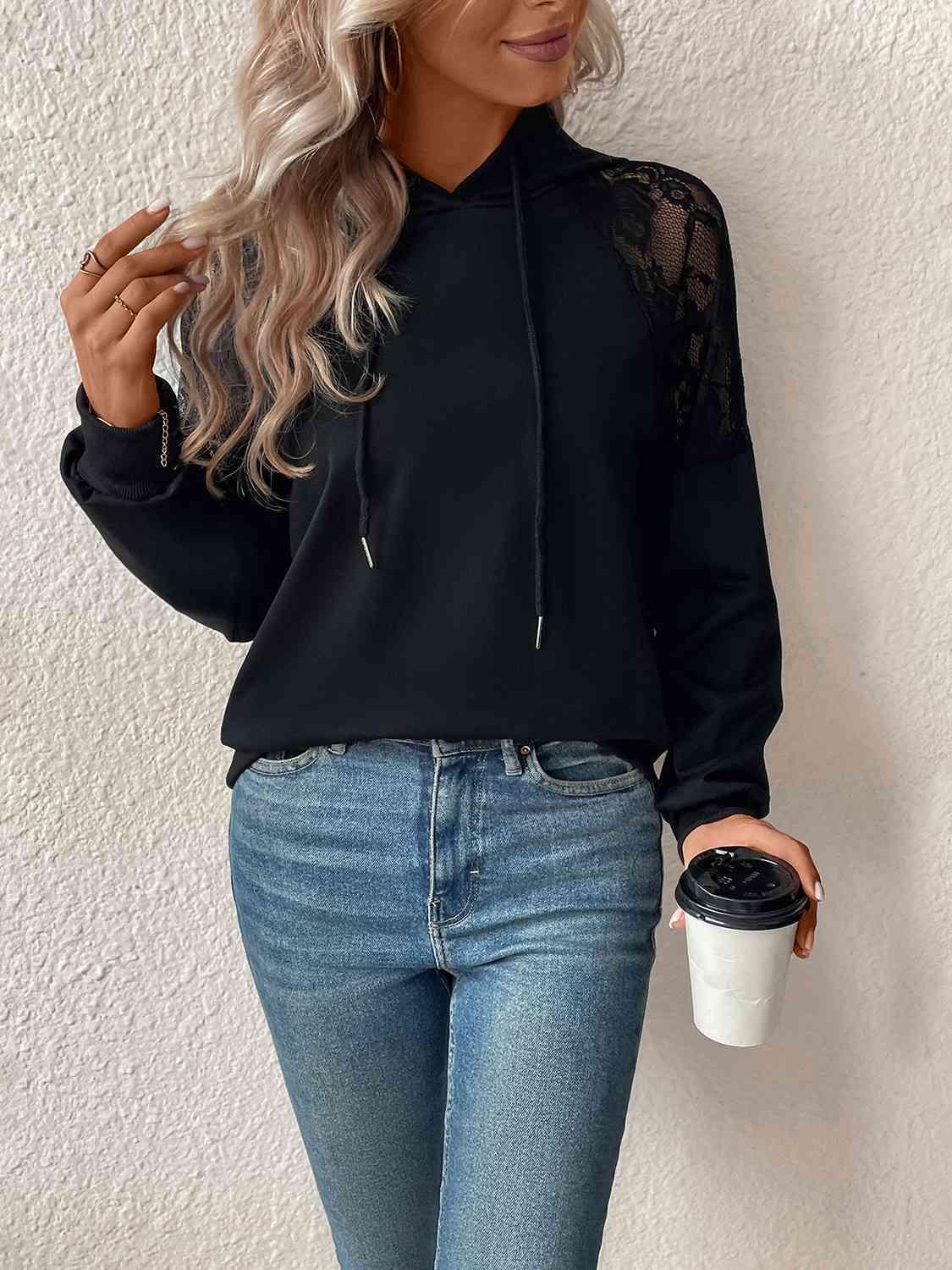 Perfee Lace Detail Drawstring Long Sleeve Hoodie - Chic Yana's Fashion