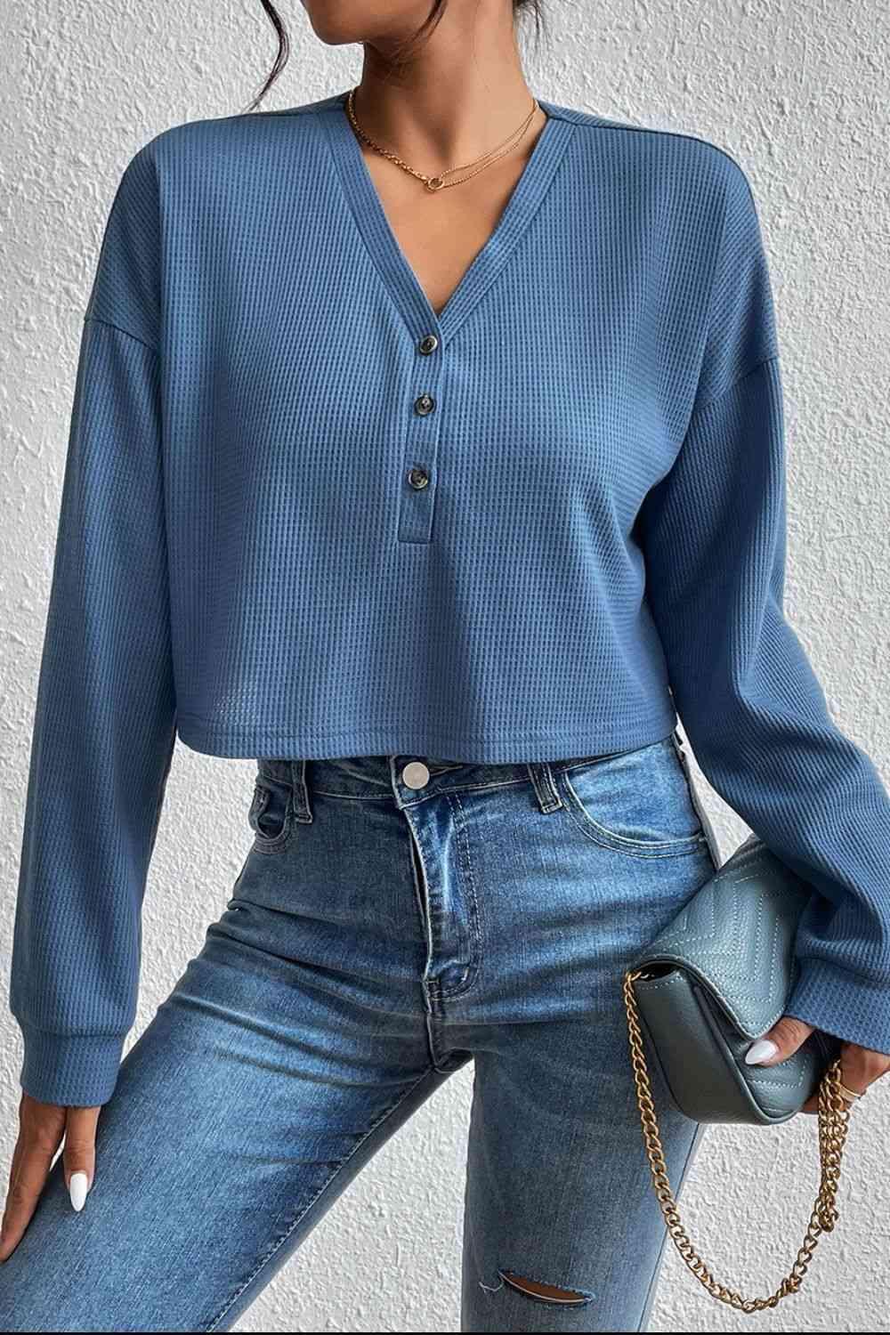 Ivy Lane Cropped V Neck Raglan Sleeve Buttoned Blouse - Chic Yana's Fashion