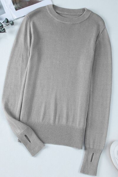 Ribbed Hem Round Neck Long Sleeve Sweater - Chic Yana's Fashion