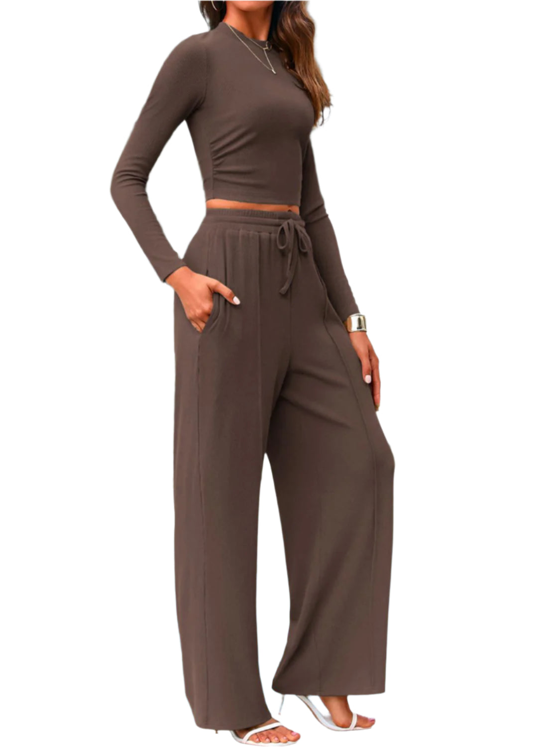 Devine Round Neck Long Sleeve Top and Pants Set - Shop Now at Chic Yana's Fashion