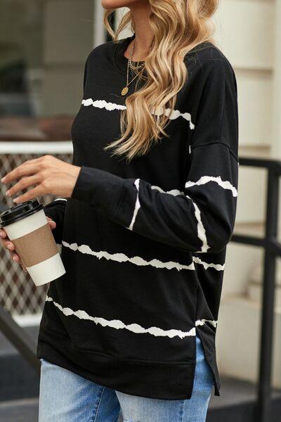 Slit Contrast Striped Round Neck Long Sleeve T Shirt - Chic Yana's Fashion