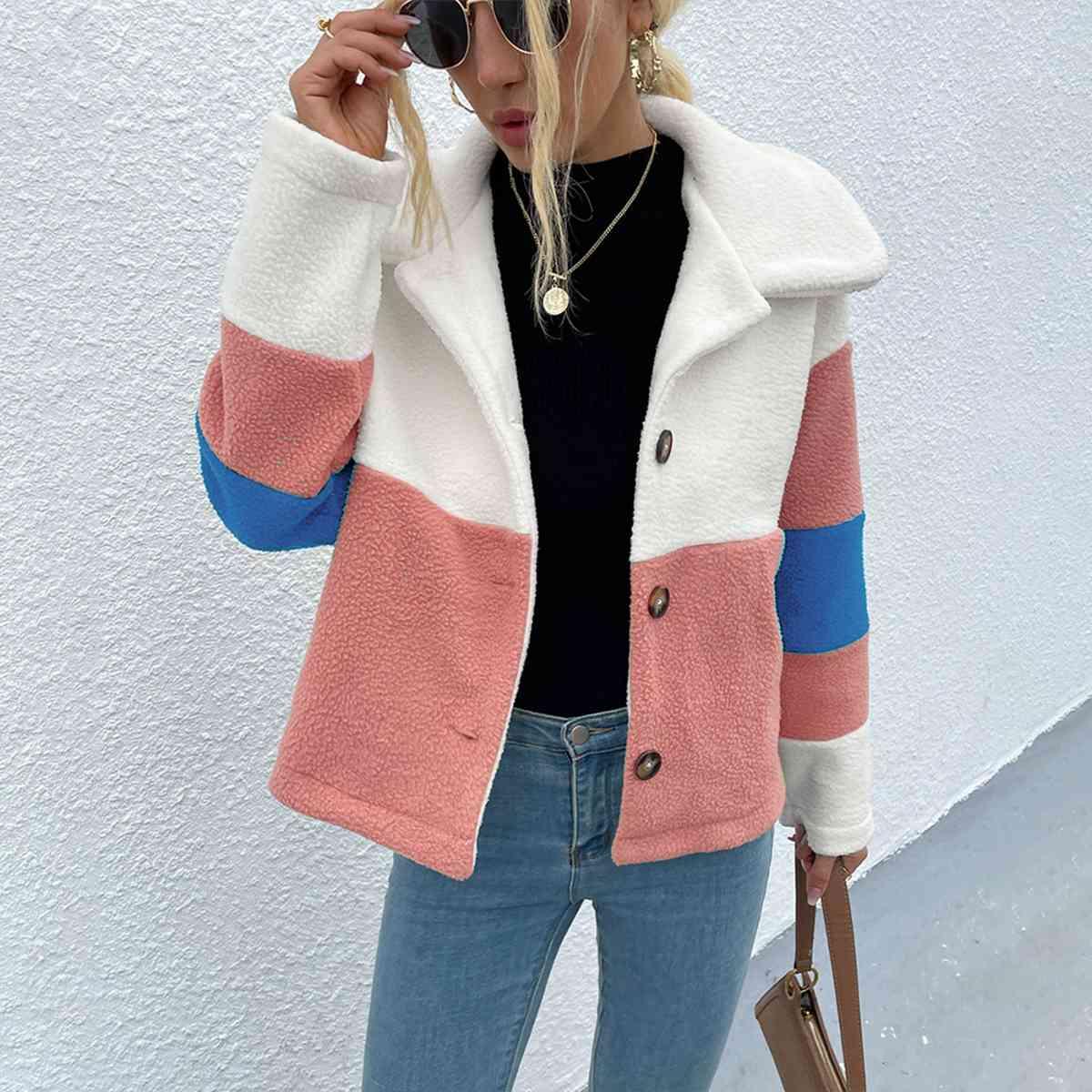 Shiny Color Block Button Down Collared Jacket - Chic Yana's Fashion