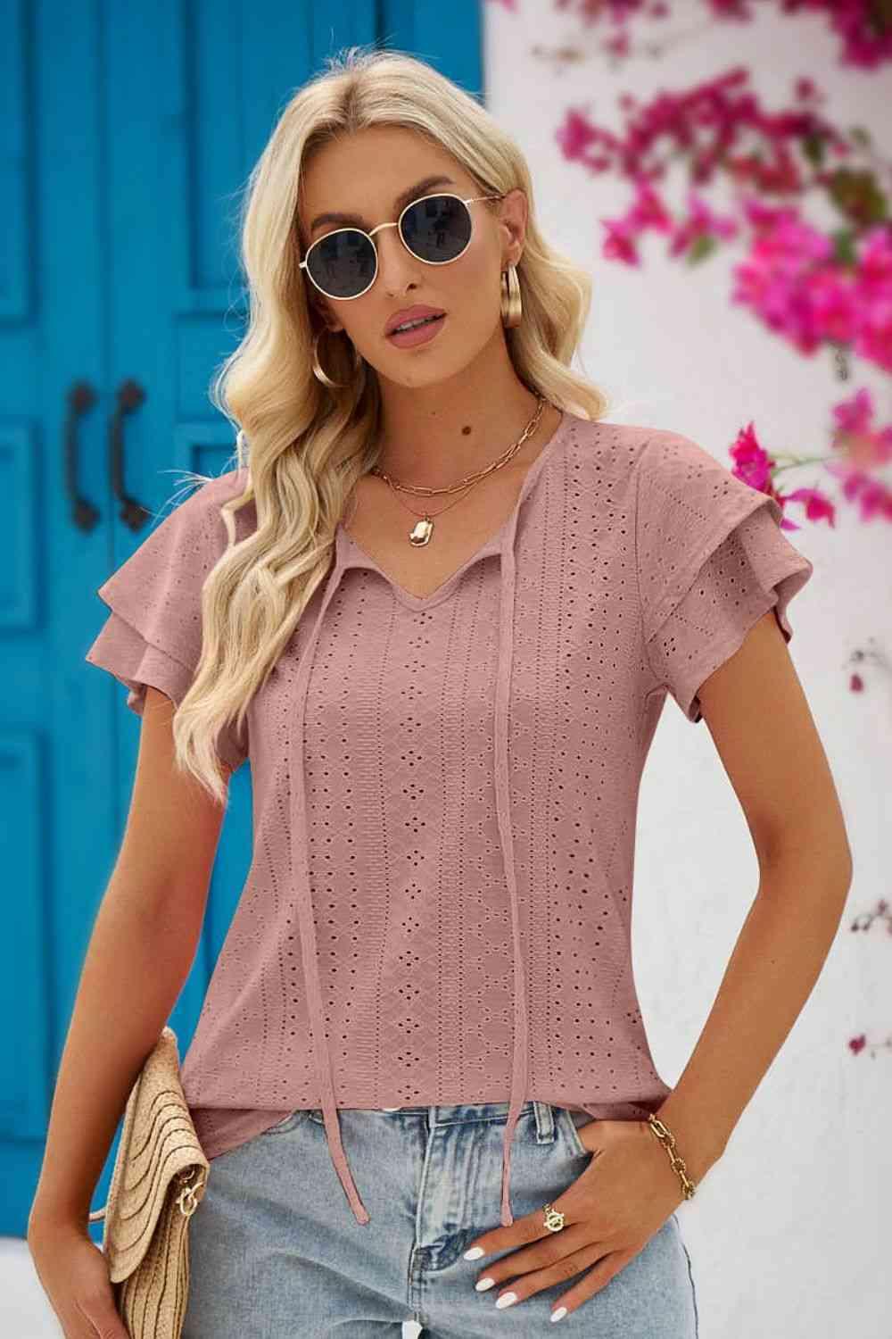 Mandy Eyelet Tie Neck Flutter Sleeve Blouse - Chic Yana's Fashion