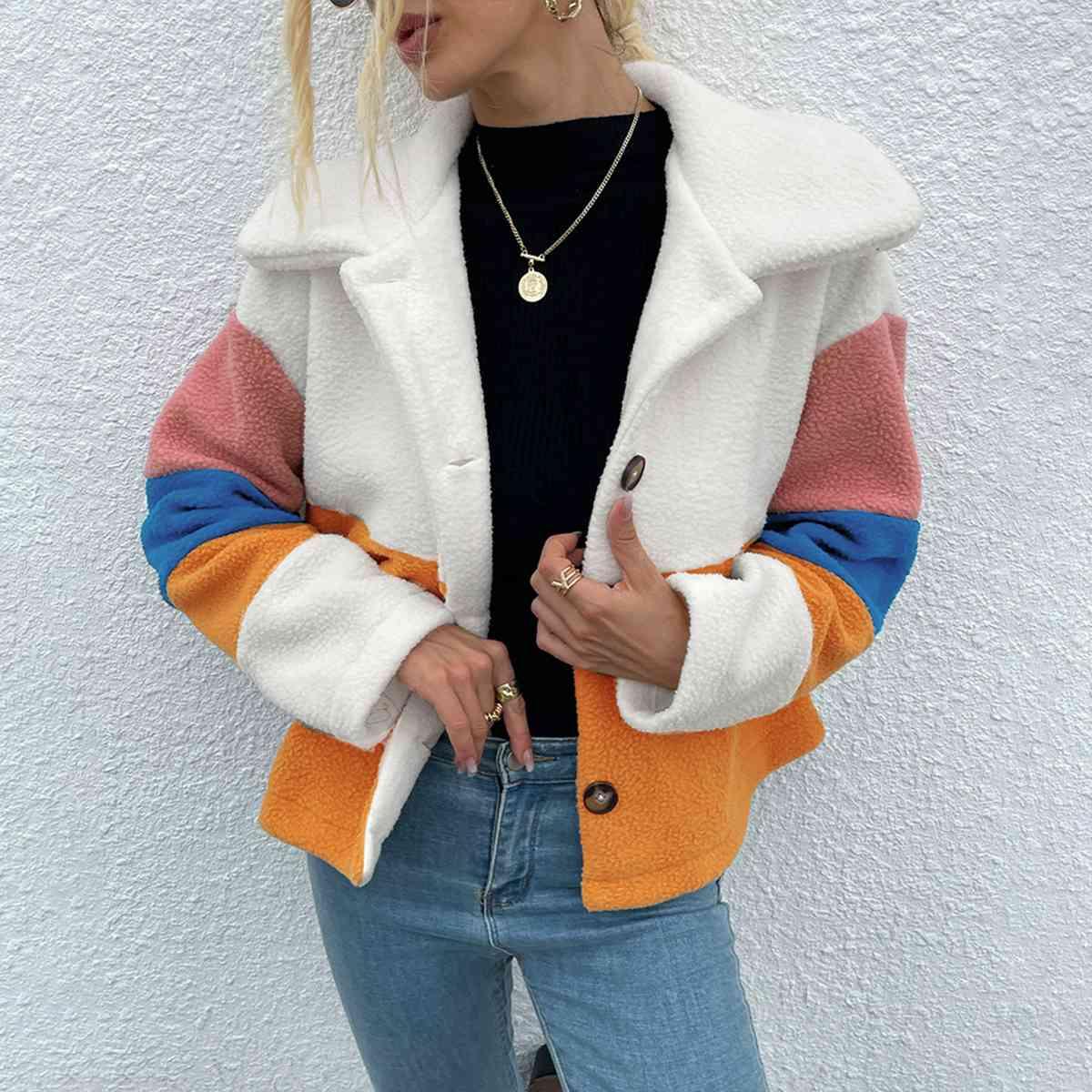 Shiny Color Block Button Down Collared Jacket - Chic Yana's Fashion