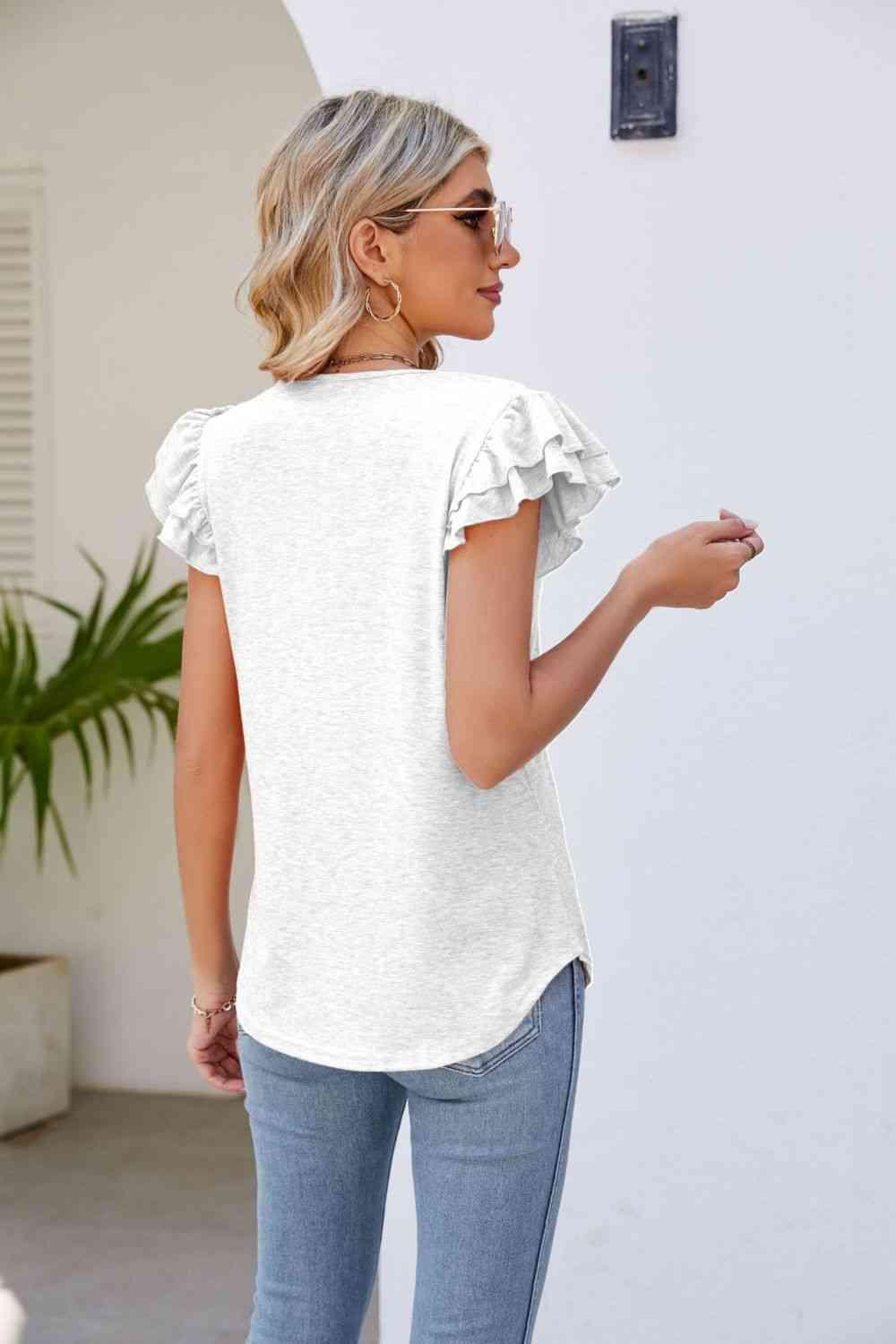 Smocked Flutter Sleeve V Neck Top - Chic Yana's Fashion