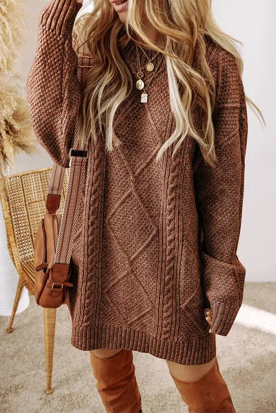 Cable Knit Round Neck Sweater Dress - Chic Yana's Fashion