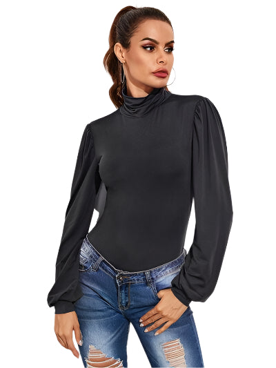Backless Tie Waist Turtleneck Lantern Sleeve Bodysuit - Chic Yana's Fashion