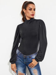 Backless Tie Waist Turtleneck Lantern Sleeve Bodysuit - Chic Yana's Fashion