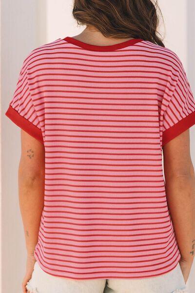 Contrast Striped Round Neck Short Sleeve T Shirt - Chic Yana's Fashion