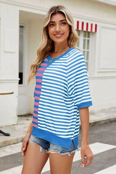 Striped Round Neck Half Sleeve T Shirt - Chic Yana's Fashion