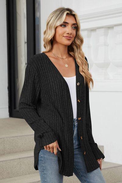 Ribbed Button Up Long Sleeve Cardigan - Chic Yana's Fashion