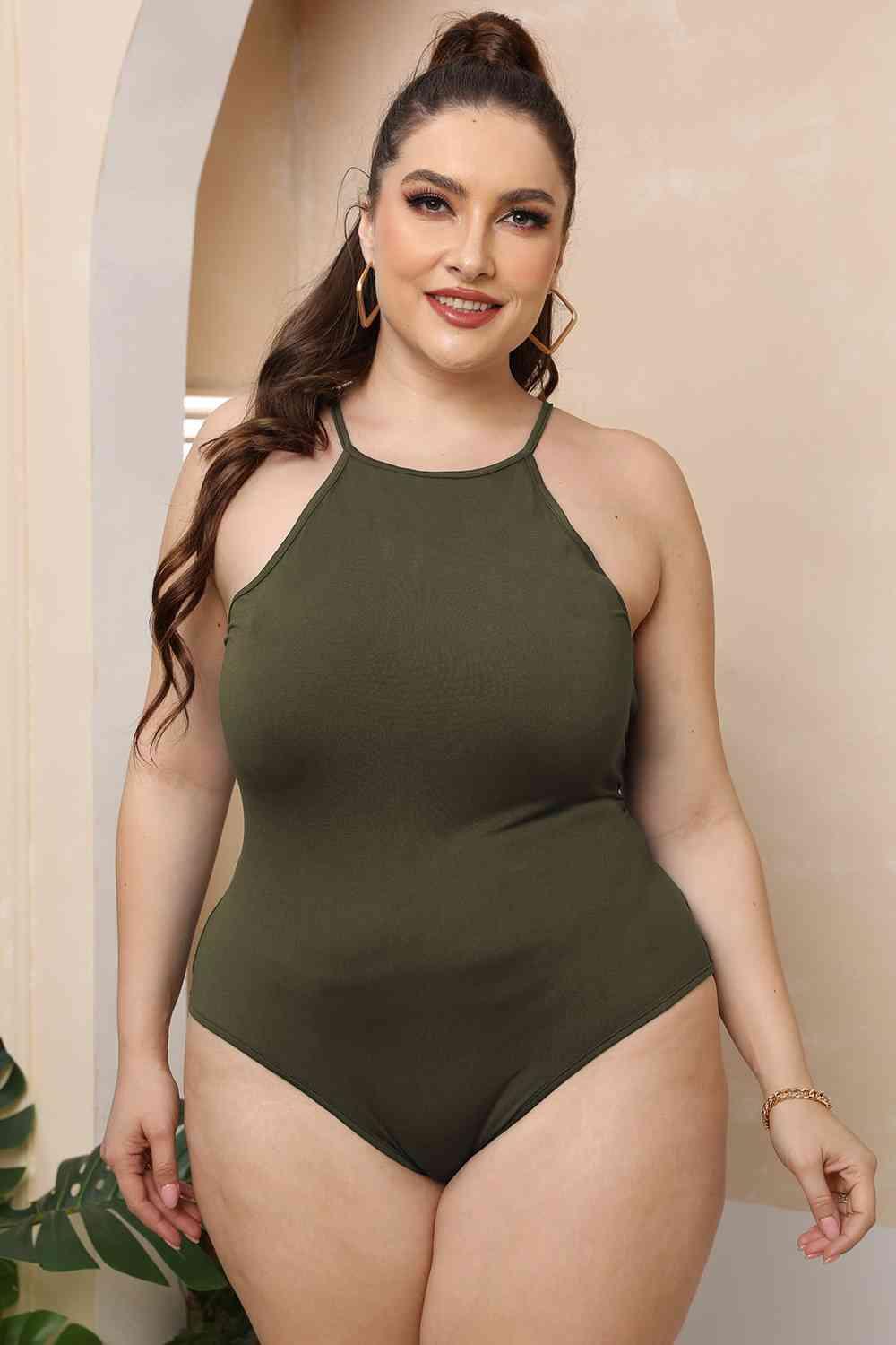 Plus Size Halter Neck Spaghetti Strap Bodysuit - Chic Yana's Fashion