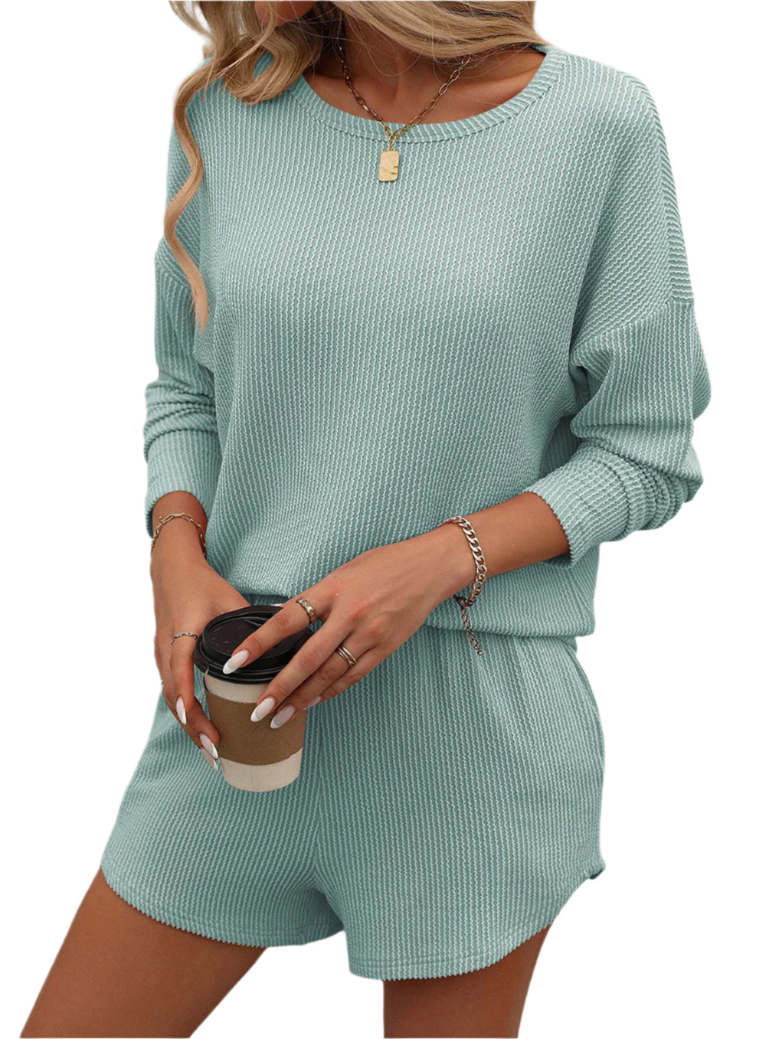 Double Take Round Neck Long Sleeve Top and Shorts Set - Shop Now at Chic Yana's Fashion