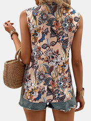 Printed Notched Sleeveless Top - Chic Yana's Fashion