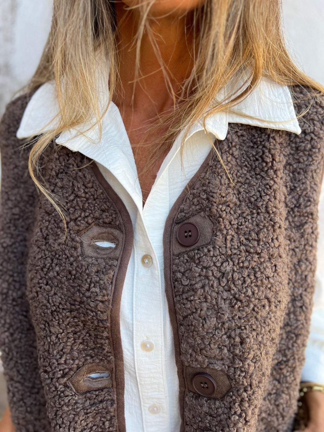 Full Size Pocketed Button Up V-Neck Sherpa Vest - Chic Yana’s Fashion