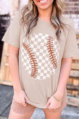 Contrast Checkered Baseball Graphic Round Neck Short Sleeve T Shirt - Chic Yana's Fashion