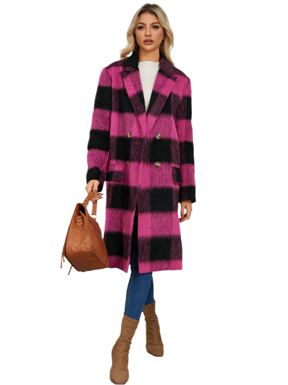 Plaid Double-Breasted Long Sleeve Coat - Chic Yana’s Fashion
