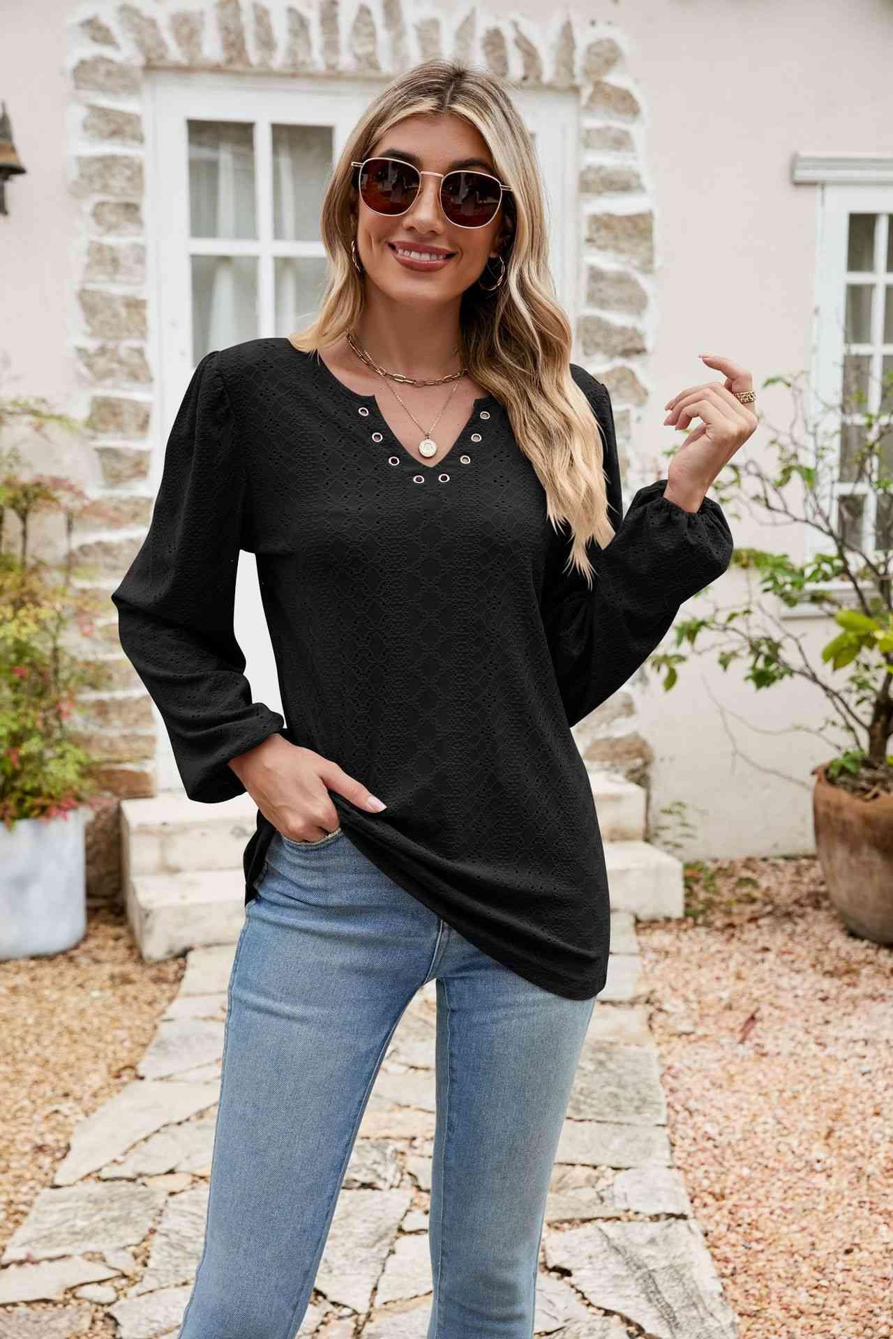 Eyelet Notched Neck Balloon Sleeve Blouse - Chic Yana's Fashion