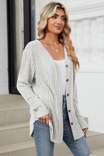 Ribbed Button Up Long Sleeve Cardigan - Chic Yana's Fashion