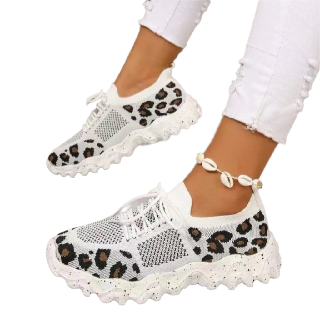 Close-up of Leopard Mesh Round Toe Athletic, showcasing high-quality fabric and design.