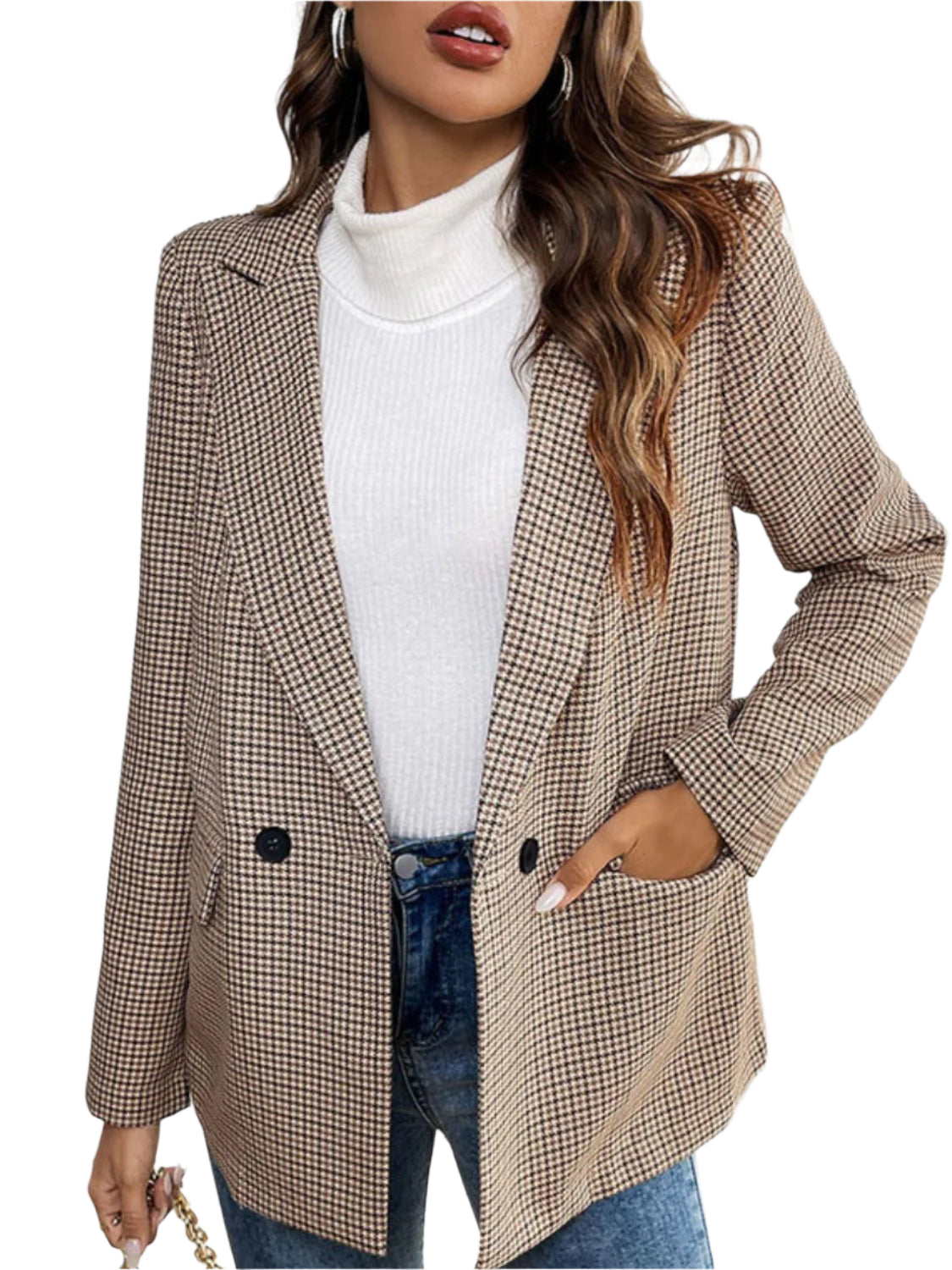 Perfee Plaid Lapel Collar Long Sleeve Blazer - Chic Yana’s Fashion