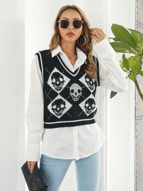 Skull Contrast V Neck Sweater Vest - Chic Yana's Fashion