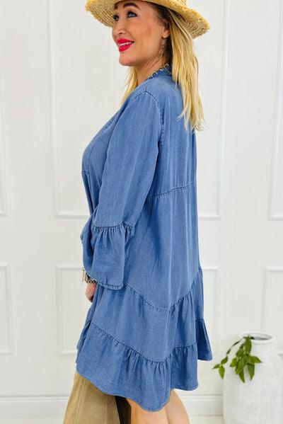 Notched Three Quarter Sleeve Denim Dress - Chic Yana's Fashion