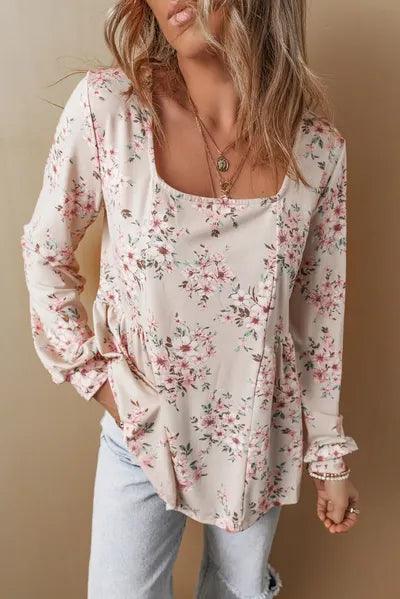 Printed Square Neck Long Sleeve Blouse 1 - Chic Yana's Fashion