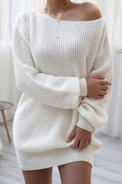 Boat Neck Long Sleeve Mini Sweater Dress - Chic Yana's Fashion