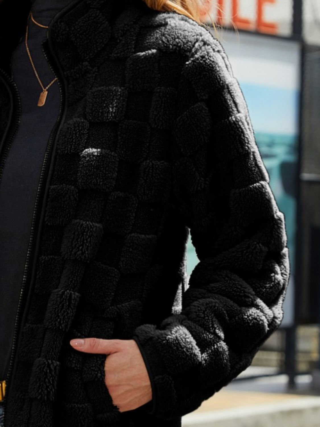Fuzzy Checkered Zip Up Jacket - Chic Yana’s Fashion