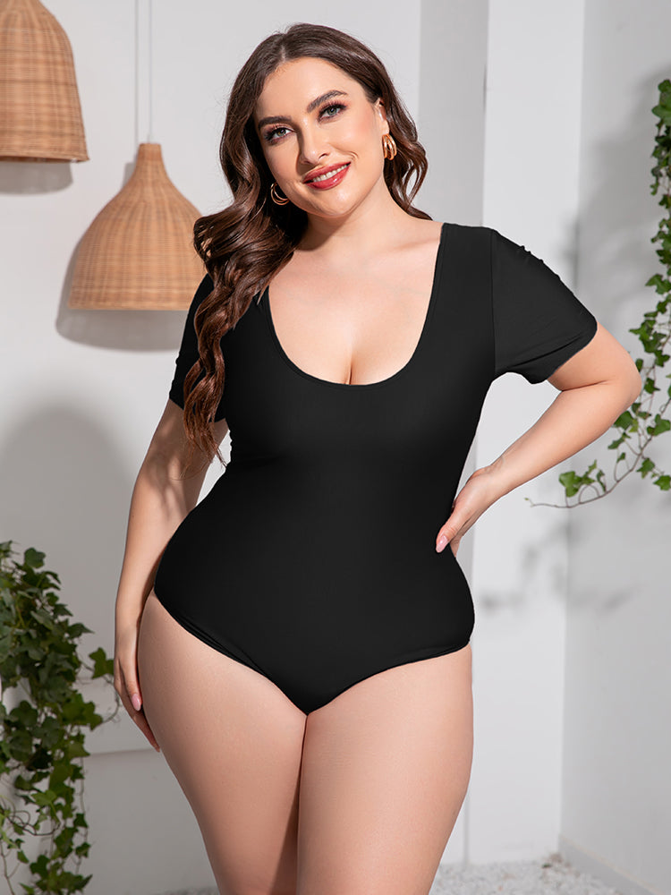 Plus Size Scoop Neck Short Sleeve One Piece Swimsuit - Stylish and Trendy Women's Fashion from Chic Yana's Fashion