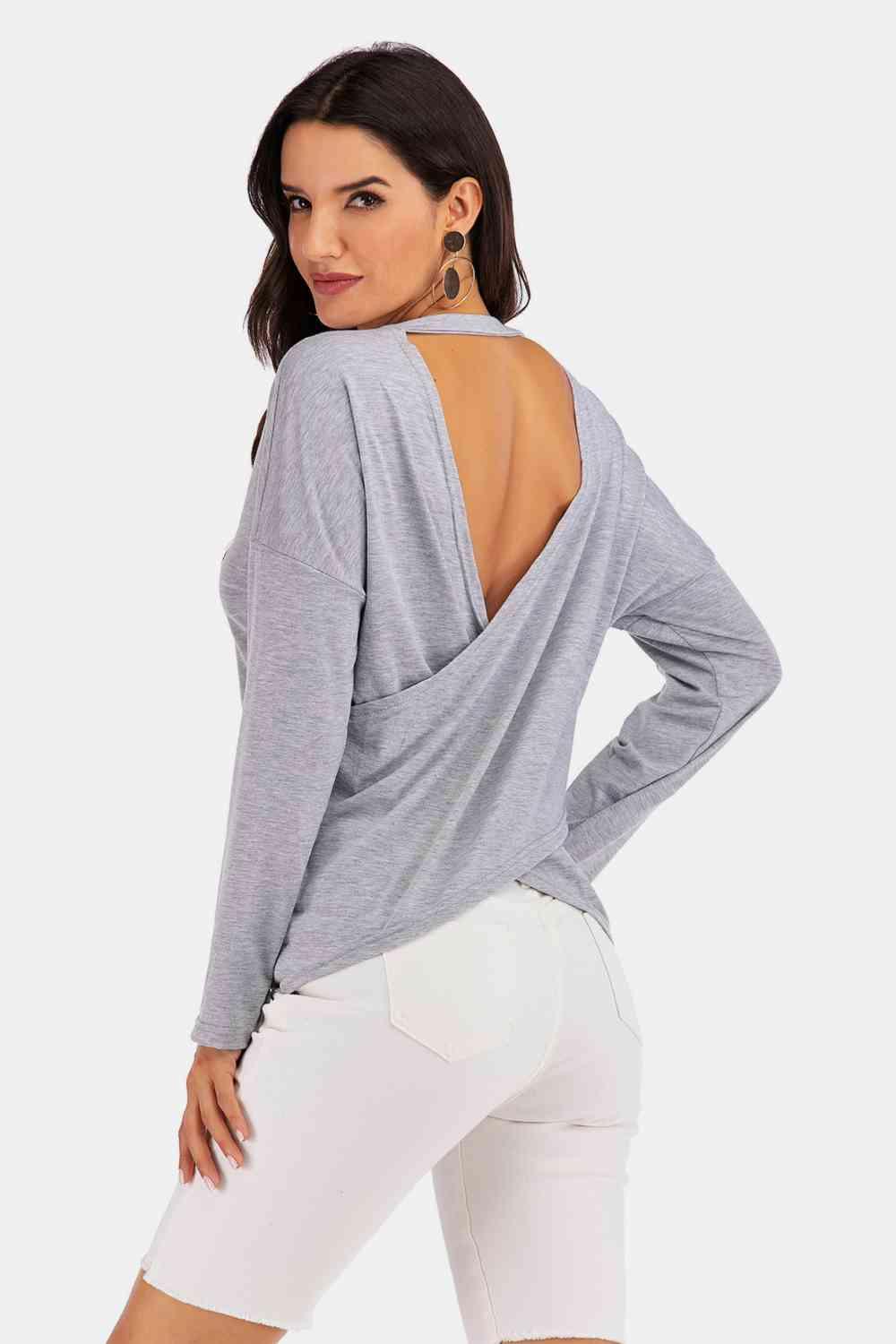 Perfee V Neck Drop Shoulder Open Back Sweatshirt - Chic Yana's Fashion