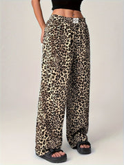 Close-up of Leopard Wide Leg Pants with Pockets, showcasing high-quality fabric and design.