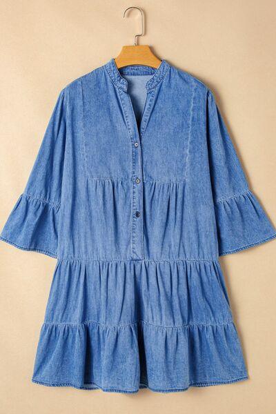 Notched Three Quarter Sleeve Denim Dress - Chic Yana's Fashion