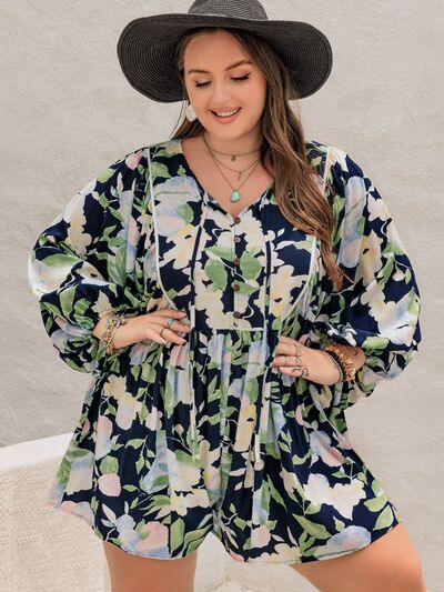 Plus Size Tied Printed Long Sleeve Romper - Chic Yana's Fashion