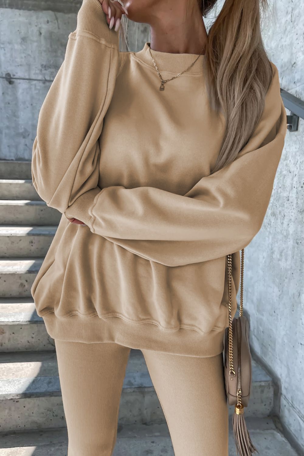 Round Neck Dropped Shoulder Sweatshirt and Pants Set – Chic Yana’s Fashion