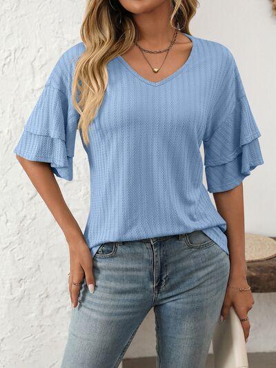 Mandy V Neck Ruffle Half Sleeve Top - Chic Yana's Fashion