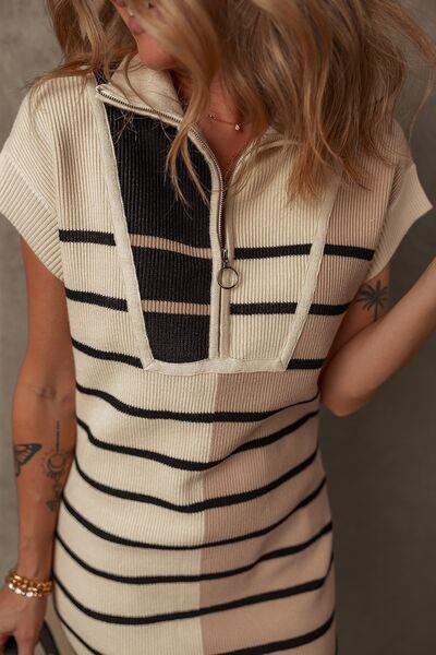 Striped Quarter Zip Cap Sleeve Sweater Dress - Chic Yana's Fashion