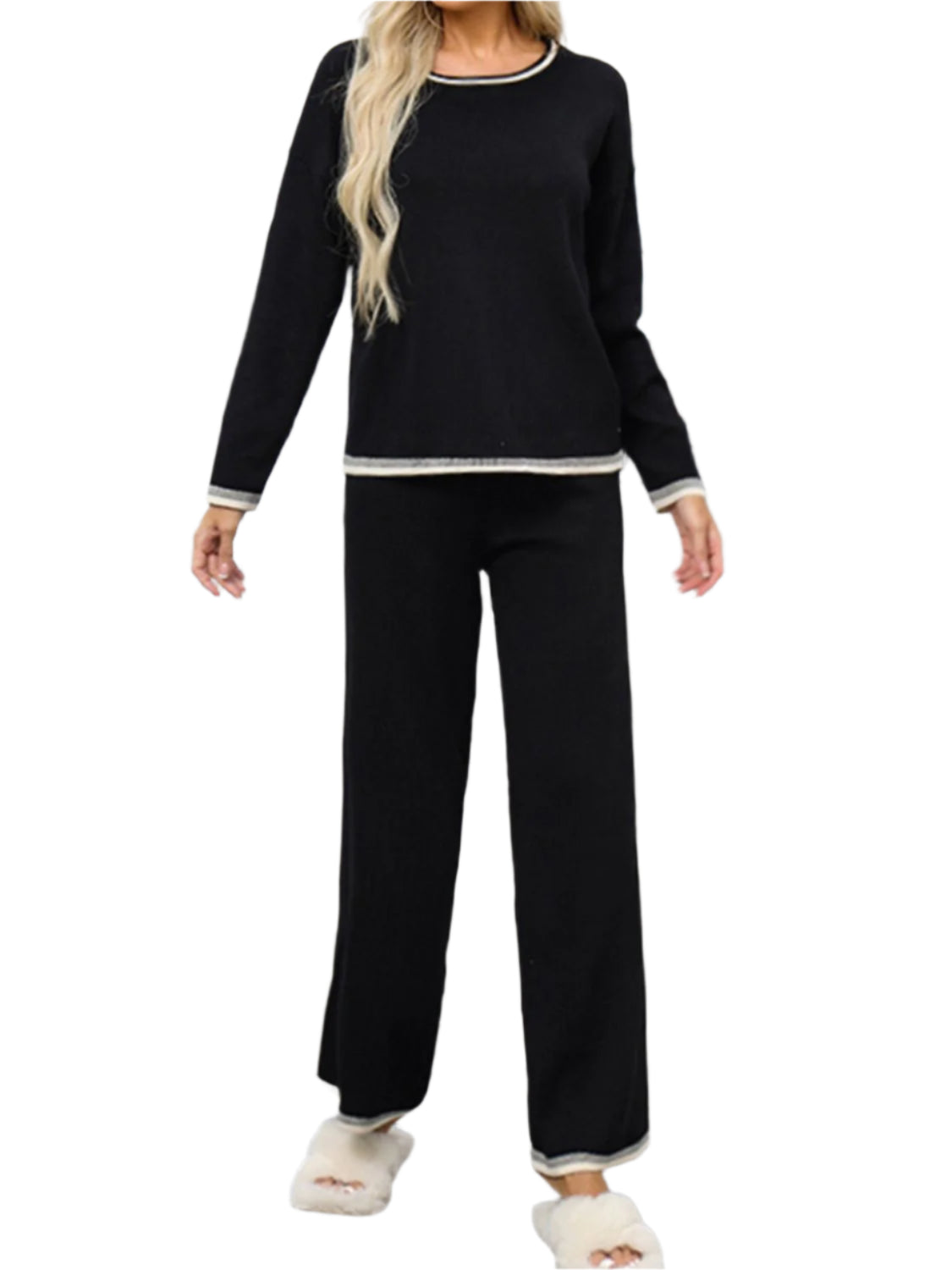 Contrast Trim Round Neck Top and Pants Sweater Set - Shop Now at Chic Yana's Fashion