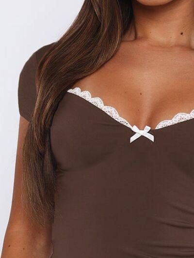 Lace Detail Sweetheart Neck Short Sleeve T Shirt - Chic Yana's Fashion