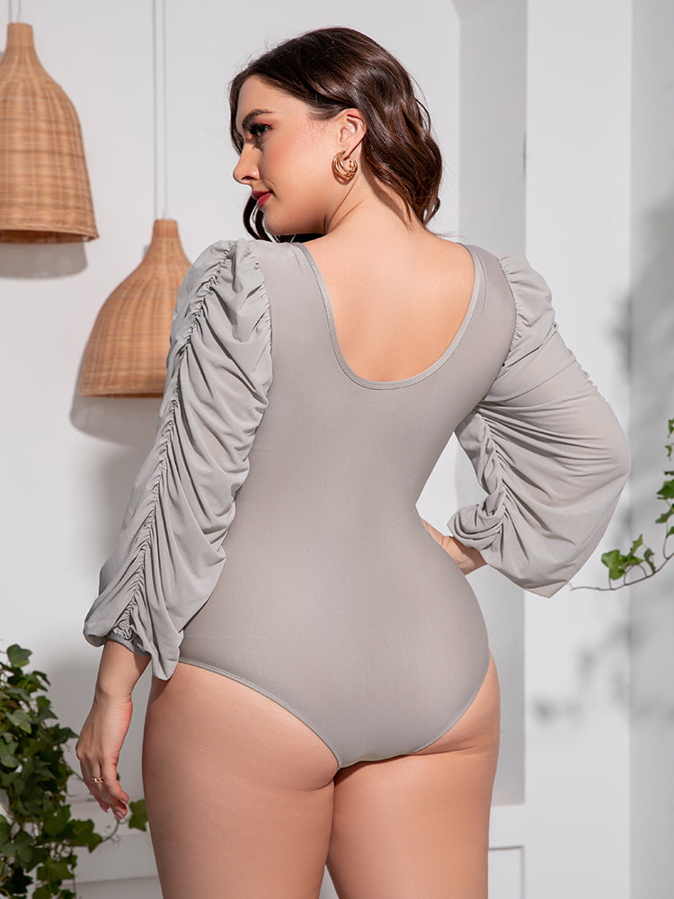 Plus Size Tied Deep V Balloon Sleeve One Piece Swimsuit - Stylish and Trendy Women's Fashion from Chic Yana's Fashion