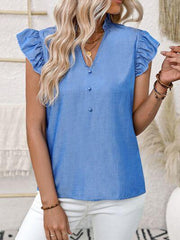 Honey Ruffled Notched Cap Sleeve Blouse - Chic Yana's Fashion