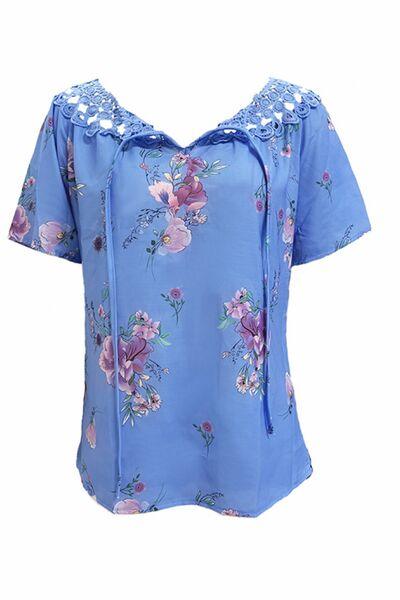 Full Size Printed Tie Neck Short Sleeve Blouse - Chic Yana's Fashion