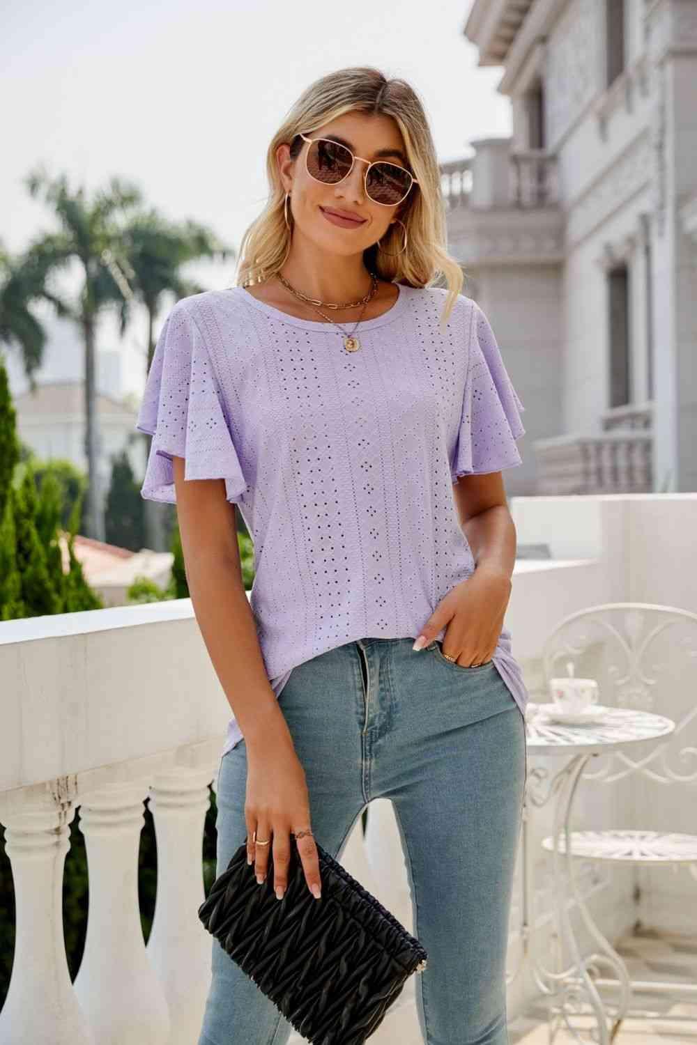 Eyelet Flutter Sleeve Round Neck Top - Chic Yana's Fashion