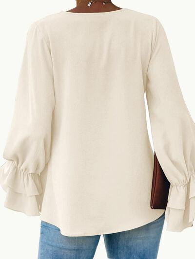 Round Neck Double Layered Flounce Sleeve Top - Chic Yana's Fashion