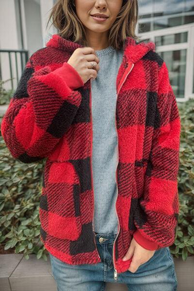 Double Take Full Size Plaid Long Sleeve Hooded Coat - Chic Yana's Fashion