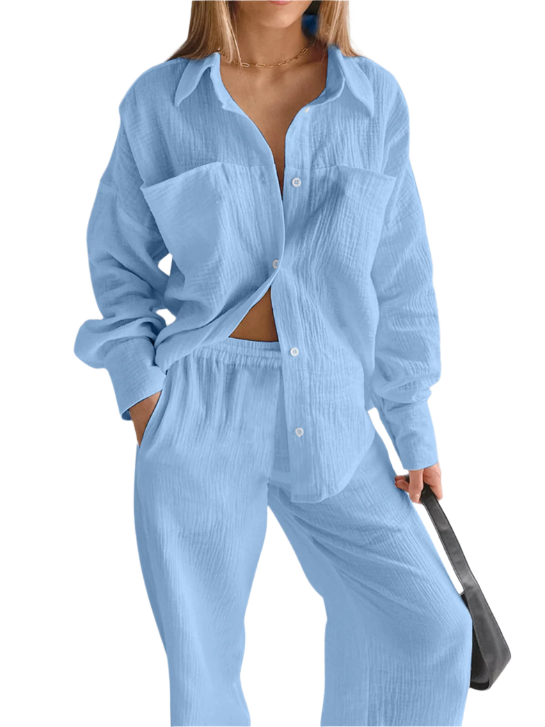 Texture Button Up Long Sleeve Shirt and Pants Set – Chic Yana’s Fashion