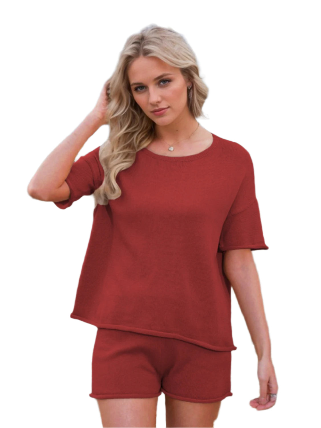 Round Neck Short Sleeve Top and Shorts Sweater Set - Shop Now at Chic Yana's Fashion