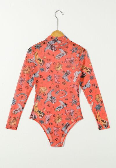 Printed Mock Neck Long Sleeve Bodysuit - Chic Yana's Fashion